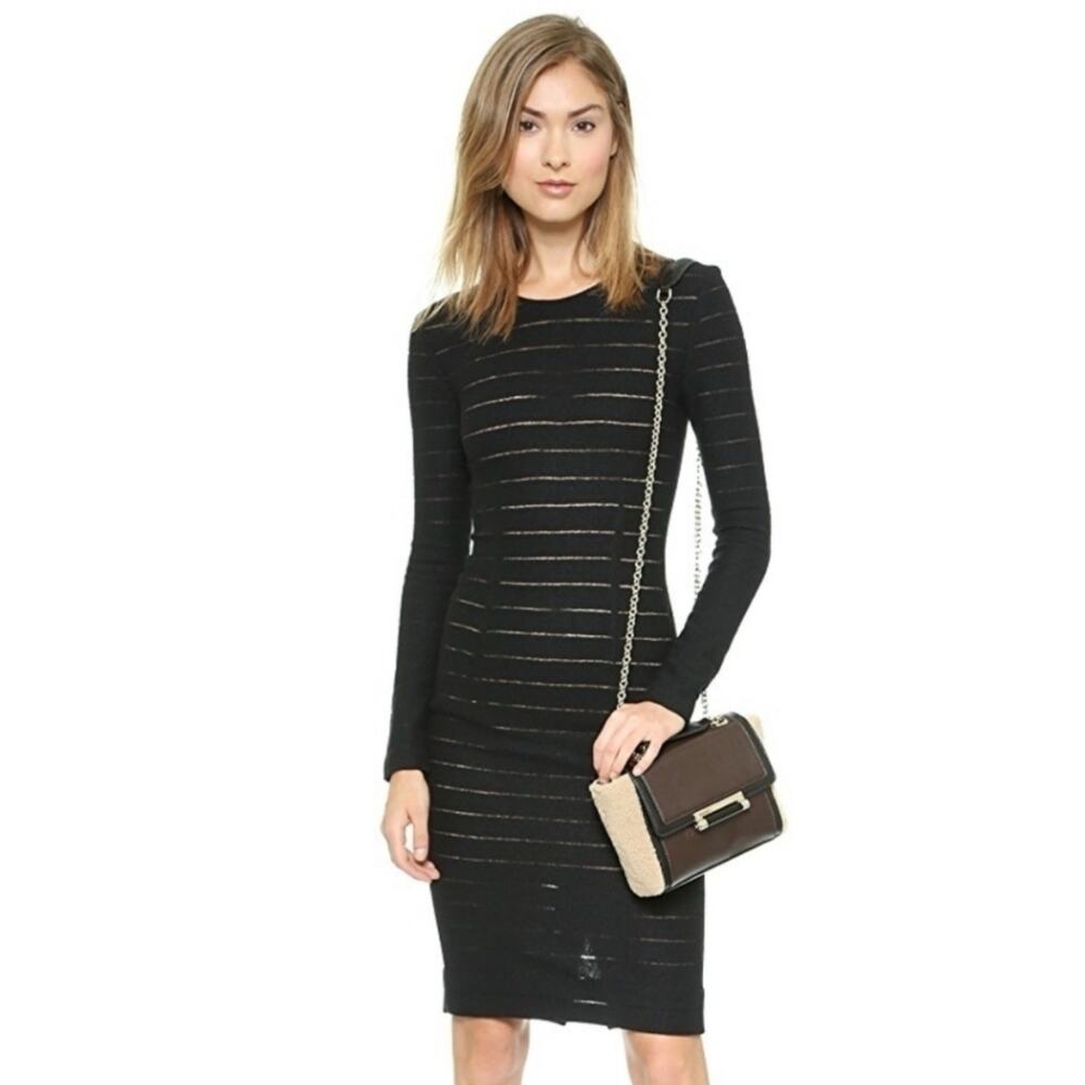 L’Agence Black Shadow Stripe Wool Knit Long Sleeve Sheath Dress 6